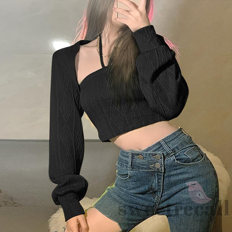 Set áo croptop cổ yếm + áo thun tay dài màu trơn thời trang cho nữ