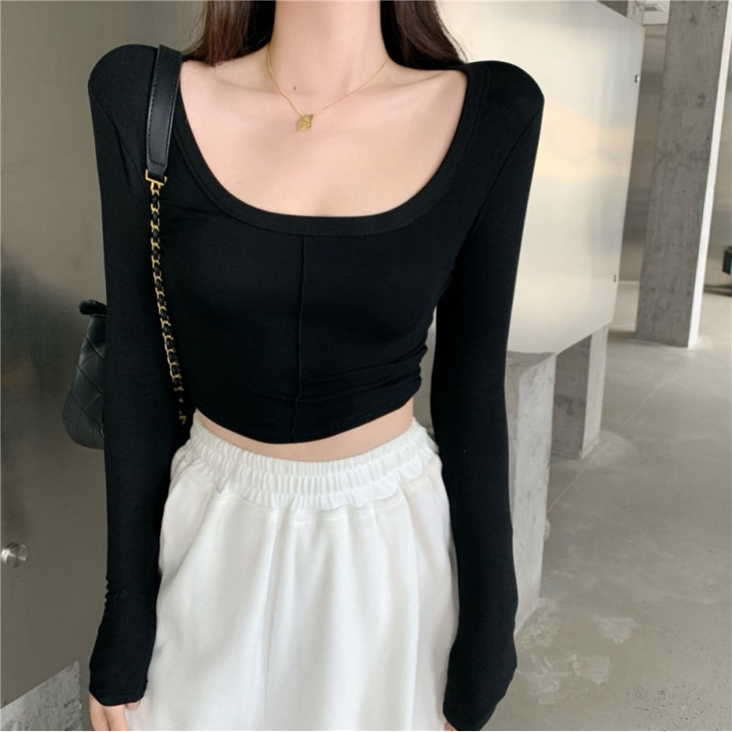 Áo thun lửng tay dài cổ chữ U thời trang cho nữ