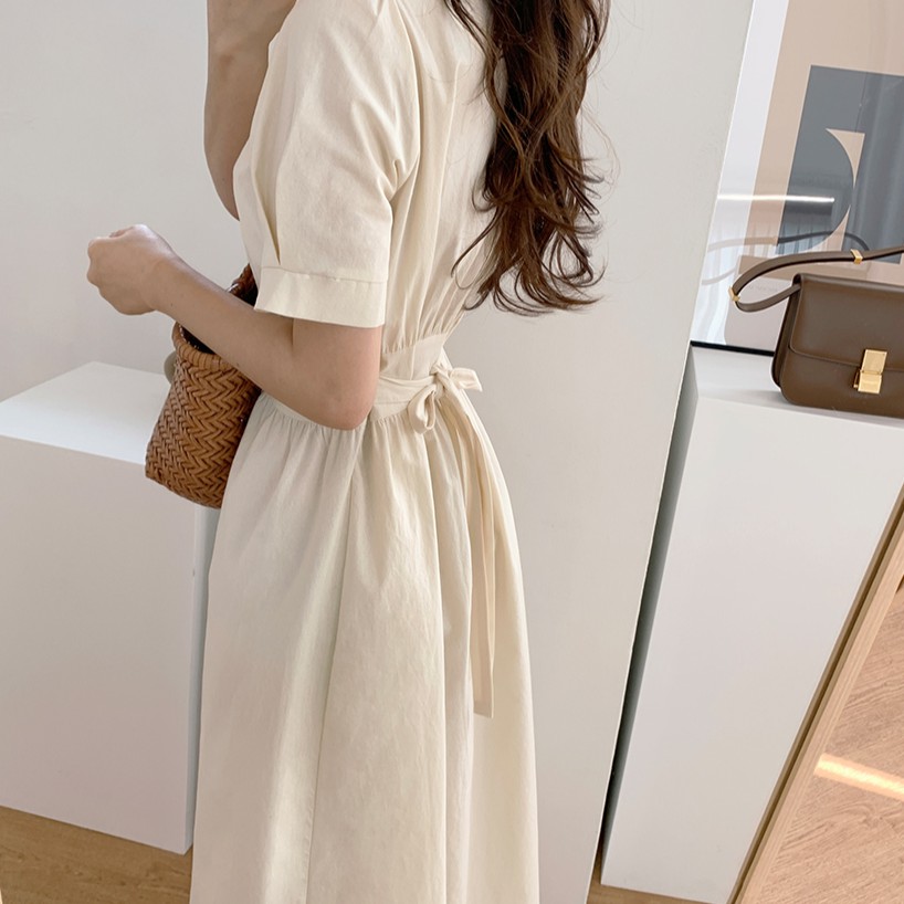 Đầm maxi ngắn tay cổ chữ V màu trơn thời trang 34034