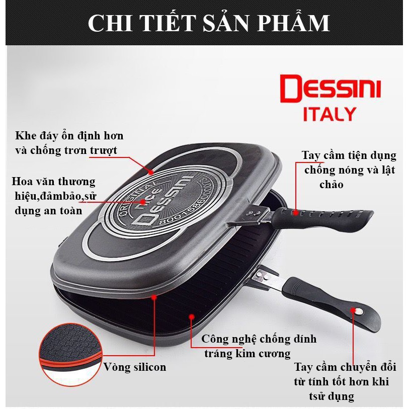 Chảo chống dính 2 Mặt Dessini - Xuất Xứ ITALY 32CM - Chảo đa năng tiện dụng chống dính,chiên,rán thức ăn(đen)