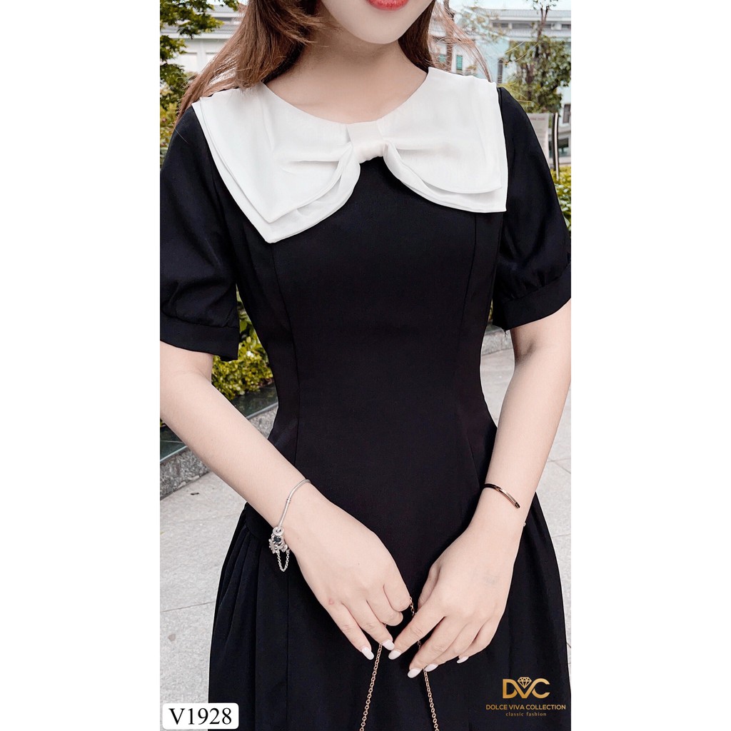 Váy đen xòe phối nơ trắng V1928 - Đẹp Shop DVC (Kèm ảnh thật trải sàn do shop tự chụp) | BigBuy360 - bigbuy360.vn