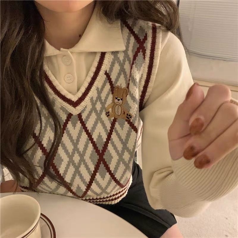Áo gile gấu kèm áo phong cách ulzzang Hàn Quốc
