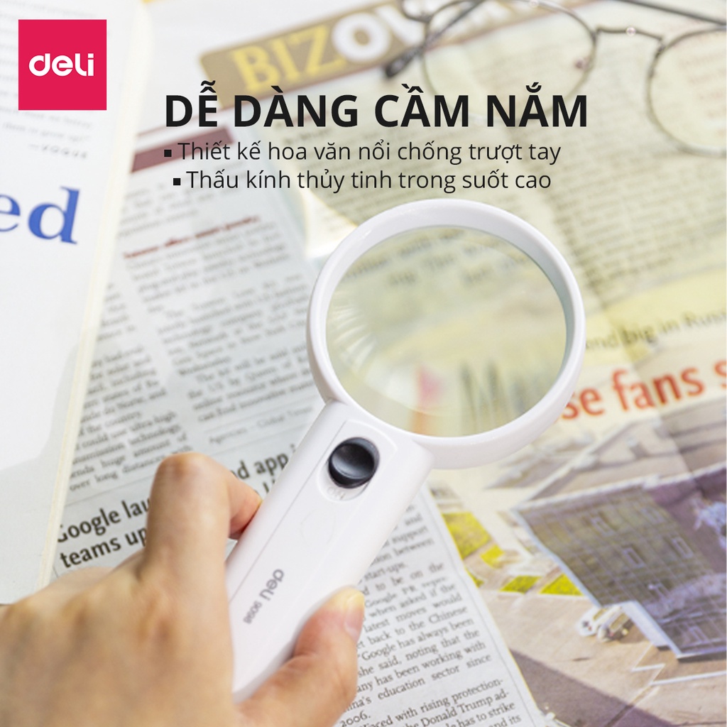 [LIFEMC02BPABAU -10% đơn 250K] Kính Lúp Deli - 1 Chiếc - Màu Trắng - Có 2 đèn LED - Phóng đại 3,5 Lần - 9098