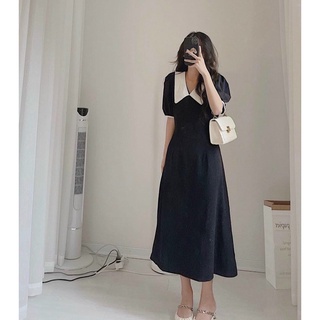 Đầm váy freesize đen cổ trắng form dài