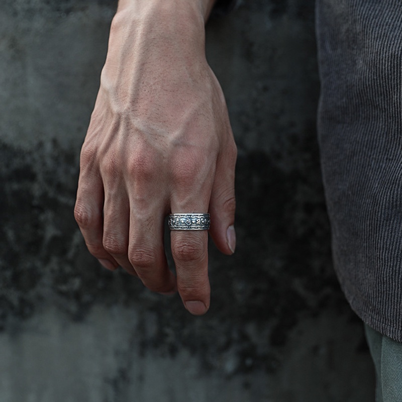 Nhẫn Nam Cổ điển Tiếng Tây Tạng Thay đổi vận may S925 được khắc bên trong Bạc Thái Phong cách Lớn NH-191