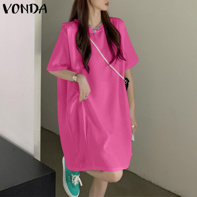 Đầm VONDA cổ tròn tay lỡ màu trơn phong cách Hàn Quốc thời trang cho nữ
