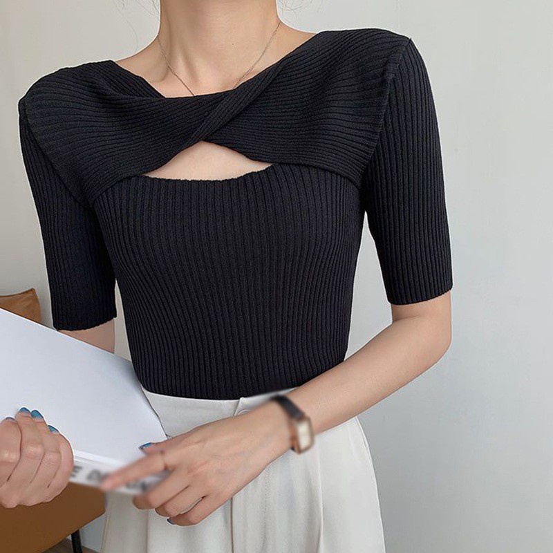 QKOOLE Áo dệt kim nữ  ngắn tay dáng ôm thời trang gợi cảm