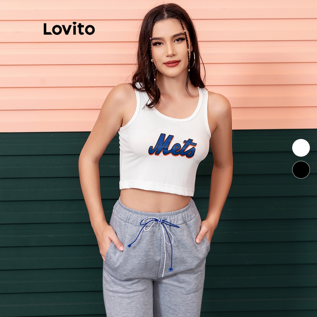 Áo Sát Nách Croptop Lovito In Chữ Phong Cách Thể Thao L06023 (Màu Đen/Trắng)