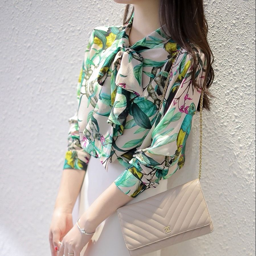 Áo Sơ Mi Lụa Mulberry Tay Dài Cột Dây Ruy Băng In Họa Tiết Hoa Và Chim Siêu Đẹp Thời Trang Xuân Hè