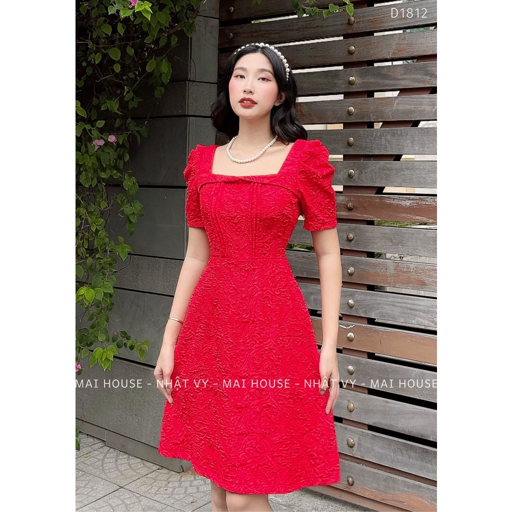 Đầm Nữ NHẬT VY Họa Tiết Hoa Cổ Vuông Chiết Eo Nữ Tính Chất Tapta Thun Đi Tiệc Dáng Xòe Màu Đen, Xanh, Vàng, Hồng - D1812