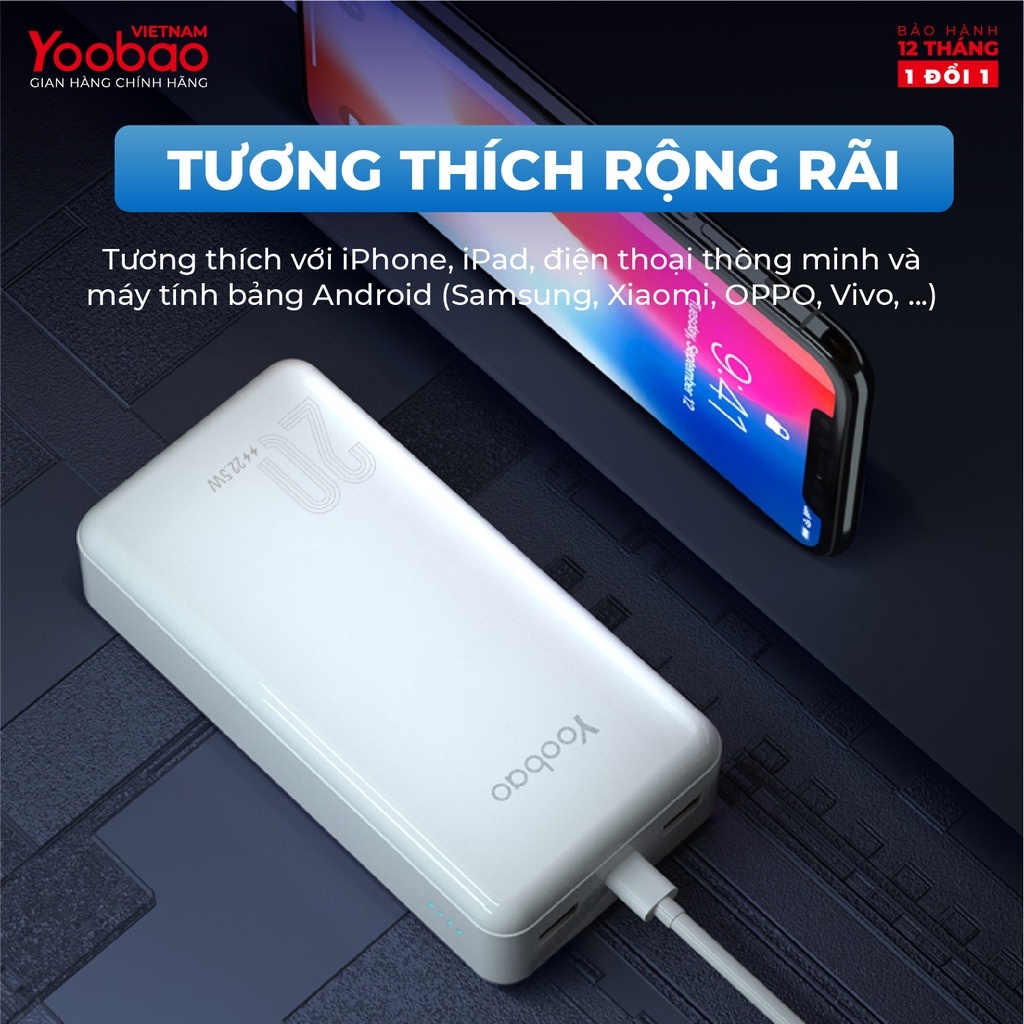 Pin sạc dự phòng 20000mAh D20Q Yoobao PD20, hỗ trợ sạc nhanh công suất 22.5W, dùng cho Iphone 11,12, Huawei