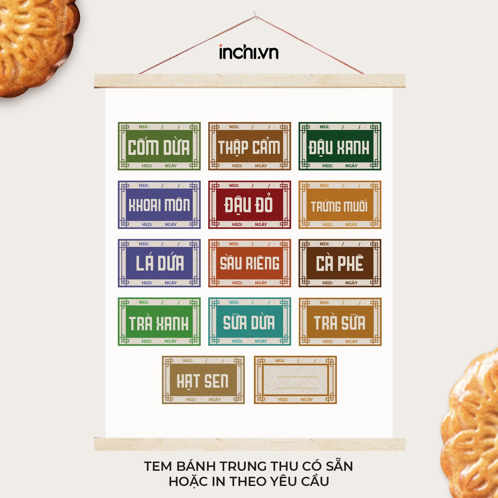 Tem Bánh Trung Thu Chữ Nhật - 13 Nhân & Nhân Viết Tay Có Sẵn - Size 20 Tem/Tờ(Thập cẩm, Đậu đỏ,Cà Phê,Sầu Riêng...)