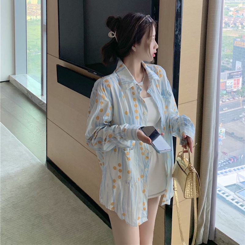 Áo Sơ Mi Tay Dài Dáng Rộng Họa Tiết Chấm Bi Thiết Kế Mới Phong Cách Hàn Quốc