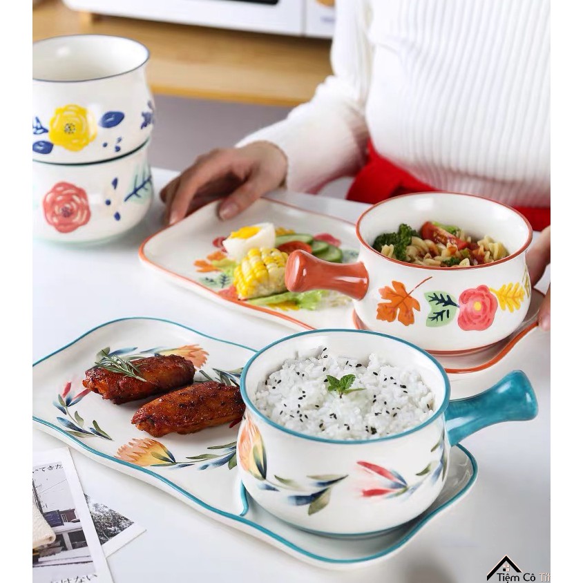 Set ăn sáng gồm thố và khay chữ nhật sứ hoạ tiết hoa bốn mùa