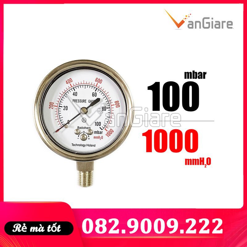 Đồng hồ đo áp suất thấp mbar, dùng cho khí, gas, chân đứng, Badotherm