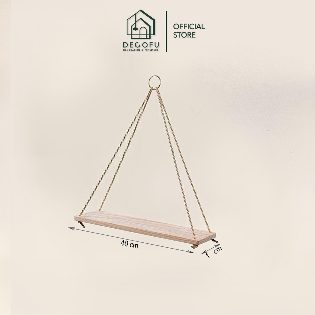 Kệ gỗ treo tường DECOFU, kệ ngang dài 40cm có dây trang trí phong cách retro