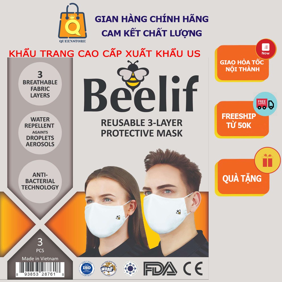 [Xuất USA] Khẩu Trang Vải Cao Cấp Xuất Khẩu Mỹ Chống Thấm Nước, Ngăn Giọt Bắn BeeLif Hàng Chính Hãng - QueenStore