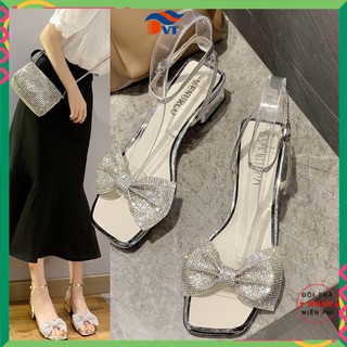 Sandal nữ đế bệt DVT hàng thiết kế, họa tiết nơ đính đá, chất liệu da cao cấp, tặng kèm quà