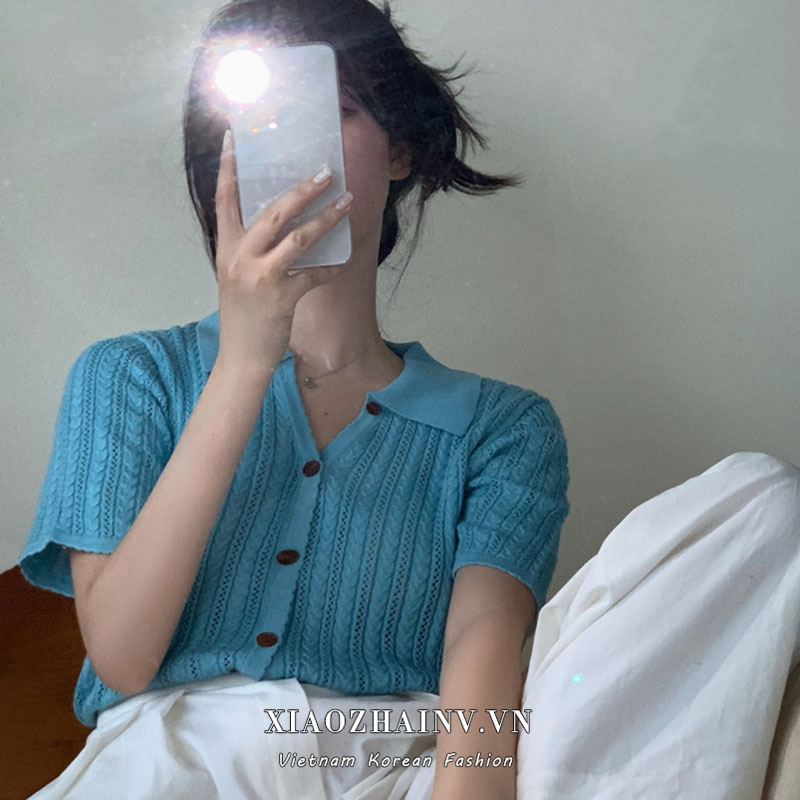 Xiaozhainv Áo cardigan Dệt Kim Tay Ngắn Phong Cách ulzzang retro Thời Trang Mùa Hè 2 Màu Tùy Chọn