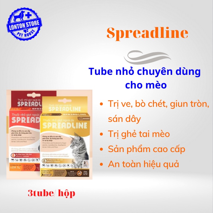 VEMEDIM Spreadline - Ống nhỏ giọt ngoài da phòng sán dây, giun tròn, ấu trùng giun tim, ve và bọ nhảy cho Mèo -  Lonton