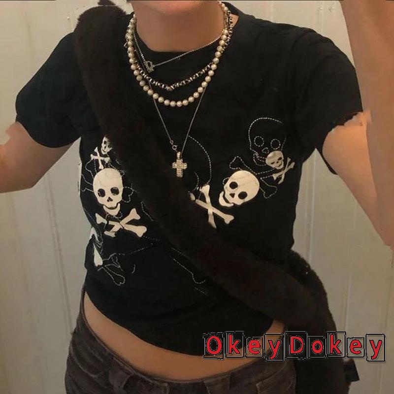 Áo Thun Crop Top Tay Ngắn In Hình Đầu Lâu Màu Tối Phong Cách Hip Hop Harajuku Cổ Điển Cá Tính Dành Cho Bạn Nữ