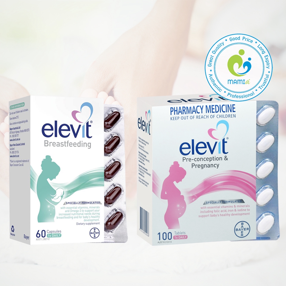 Vitamin bầu bú (100v/60v) bổ sung vitamin A, B, C, D, E, B9, canxi, kẽm cho mẹ bầu và mẹ sau sinh Elevit, Úc