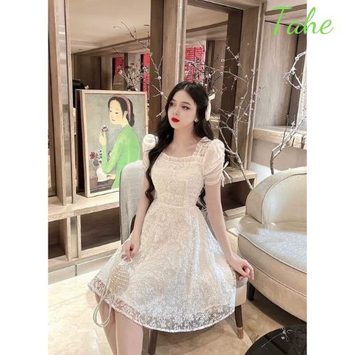Váy dự tiệc cưới thiết kế cao cấp dáng xòe vải ren siêu sang  đi làm dạo phố tôn dáng trẻ trung loại 1 Tahe V91
