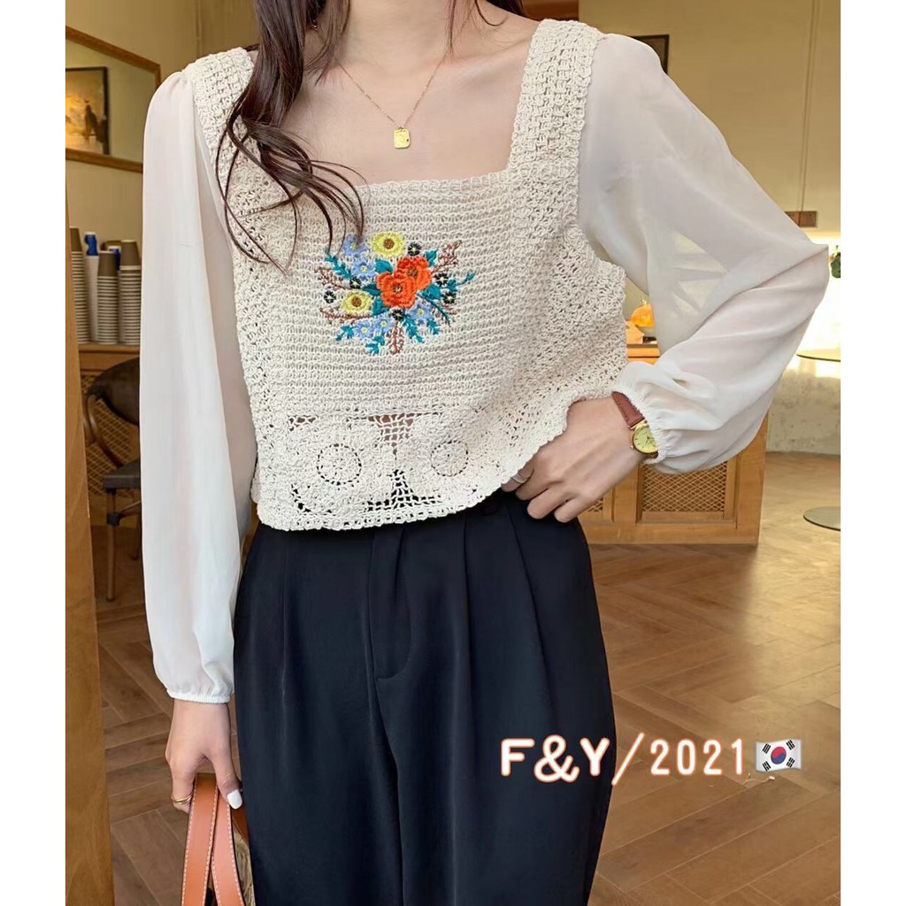 Áo nữ SUXI tay dài cổ vuông họa tiết hoa thời trang quyến rũ