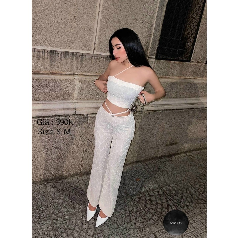 Sét bộ thời trang nữ mặc đi chơi gân nổi cao cấp áo 2 dây sexy mix quần cạp cao có dây đan eo