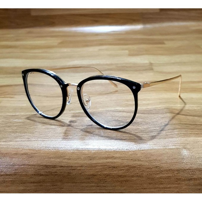 Mắt Kính Giả Cận Form Tròn Nửa Gọng Kim Loại Bạc Nhiễn &amp; Nhựa( bao da+ kính+ khăn)