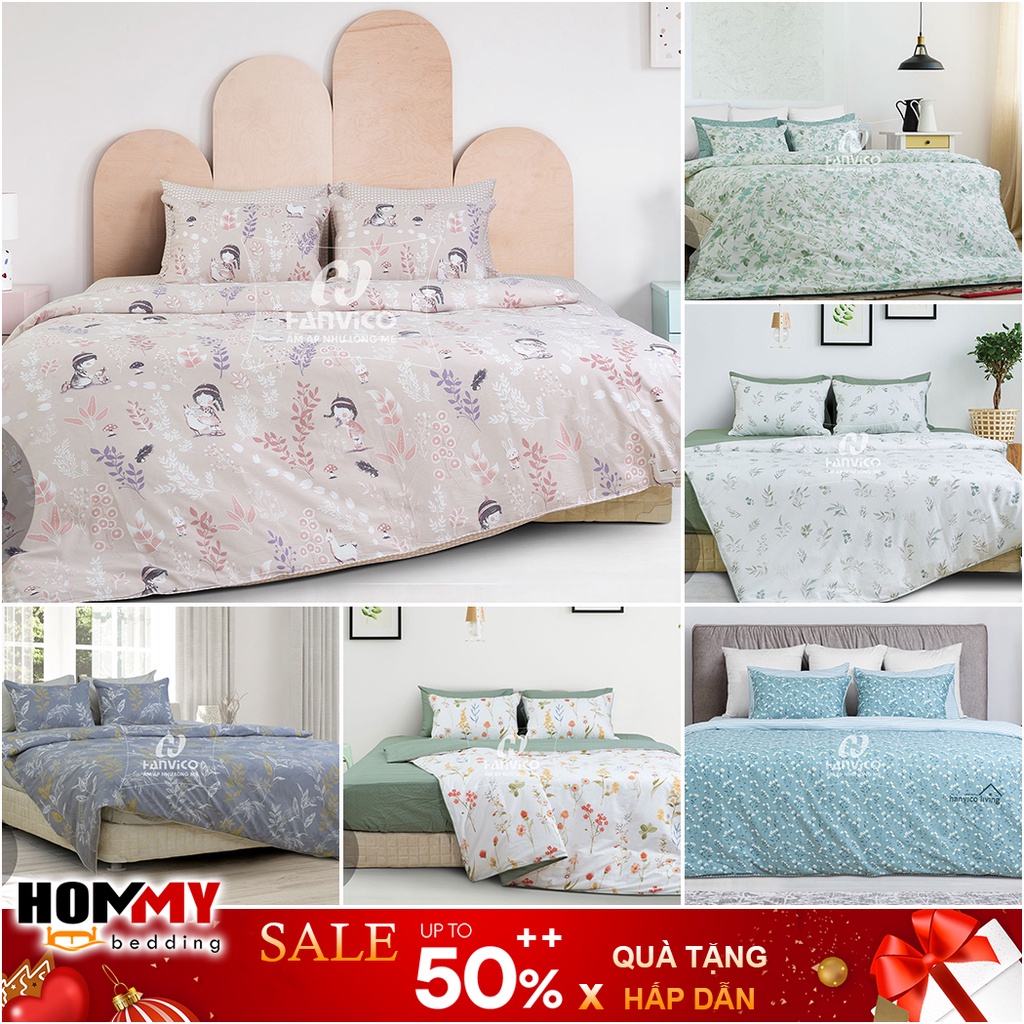 🍁 Bộ Chăn Ga Gối 🍁 Hanvico Living vải cotton cao cấp (ga chun, vỏ chăn, đôi vỏ gối)