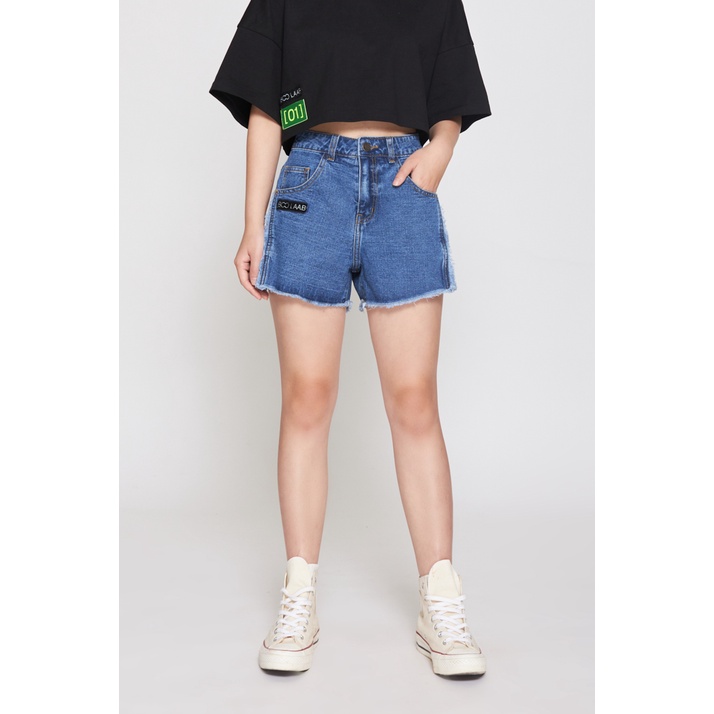 Quần Short Jeans Nữ BOO Xỏa Gấu Đính Patch BOOLAAB Phong Cách Hàn Quốc