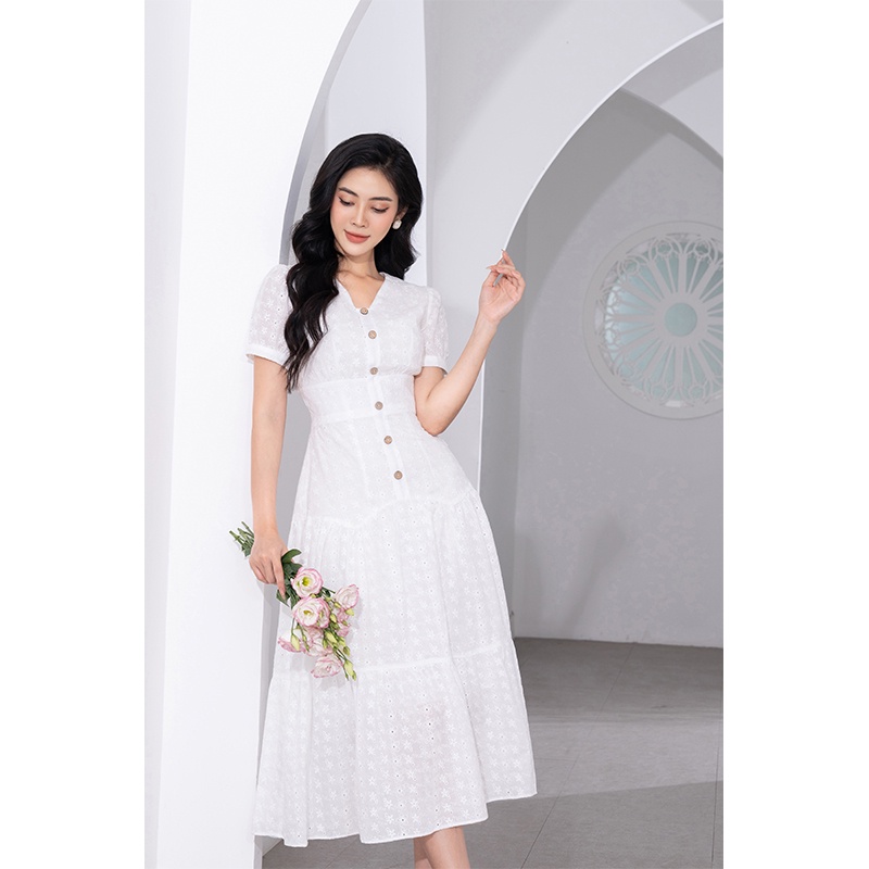 Đầm xòe dáng dài thô trắng thêu bô đê Toson 48103W82