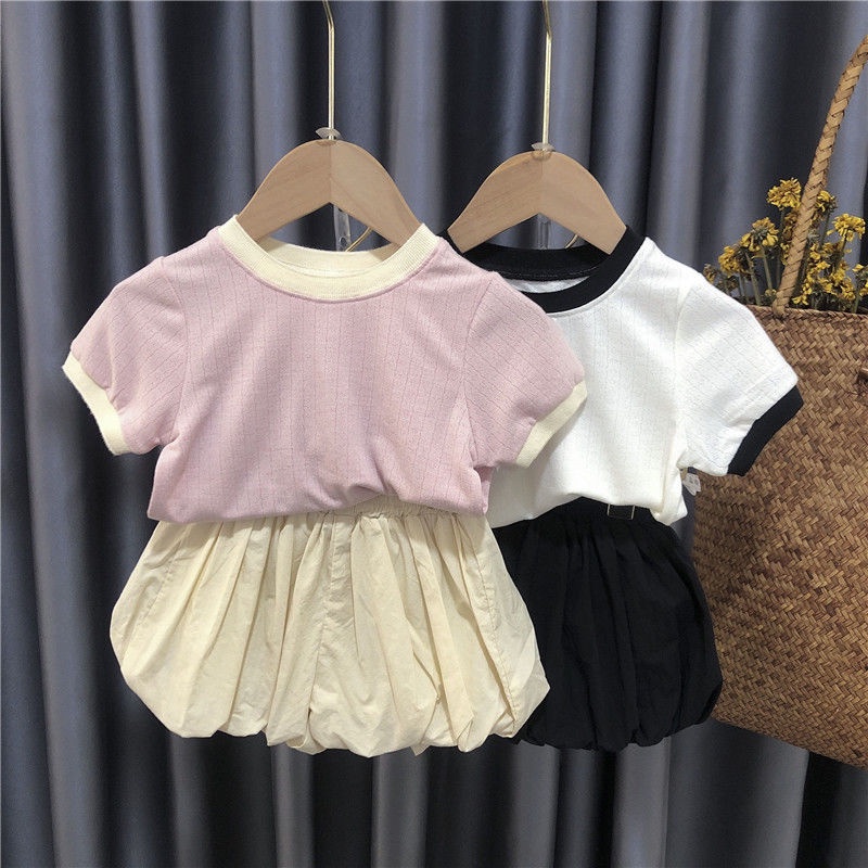 Set Áo Thun Tay Ngắn Phồng Màu Trơn Phối Chân Váy Thời Trang Hè Hàn Quốc 2023 Mới Cho Bé Gái