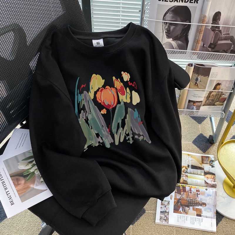 Áo sweater Cổ Tròn Màu Đen In Hình Hoa tulip Xinh Xắn Cho Nữ