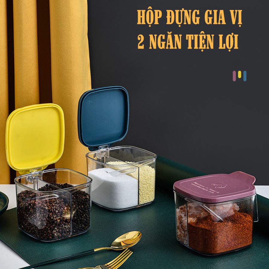 Lọ đựng gia vị- Hũ đựng gia vị 2 ngăn 2 trong 1 kèm thìa VKIT GV06