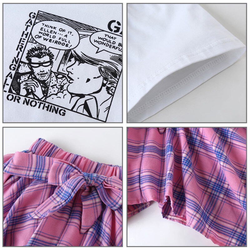 Set đồ IQ ANGEL gồm áo ngắn tay và quần culottes sọc ca rô thời trang đáng yêu cho bé gái