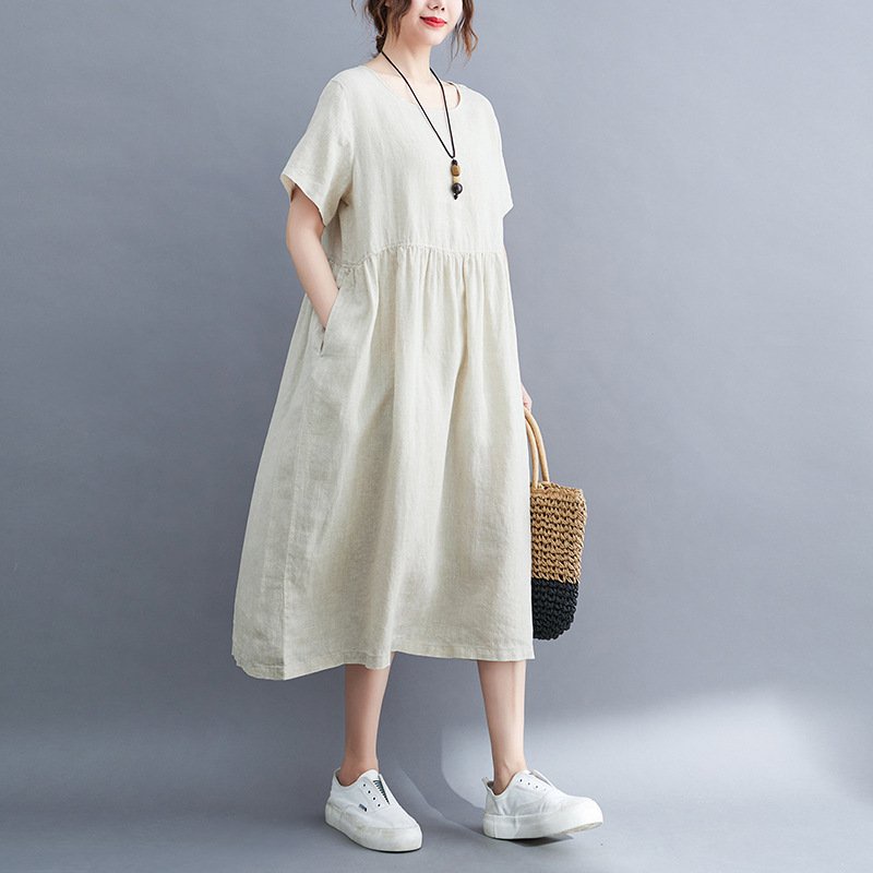 Váy suông linen màu be xinh [ Đi dạo + đi làm + mặc nhà + chất linen cao cấp]