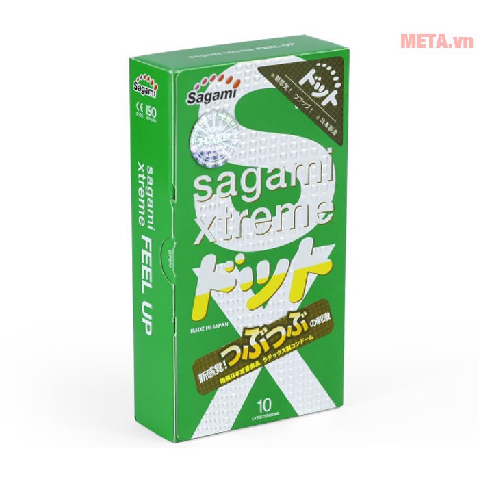 Bao Cao Su Sagami Xtreme Green - Siêu mỏng, có gân gai, tự co giãn, tăng cảm xúc (Hộp 10 Cái)