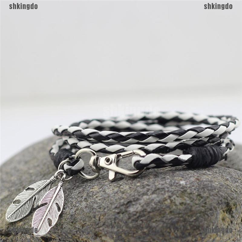 Vòng đeo tay da PU trang trí mặt lông vũ thời trang cho nam