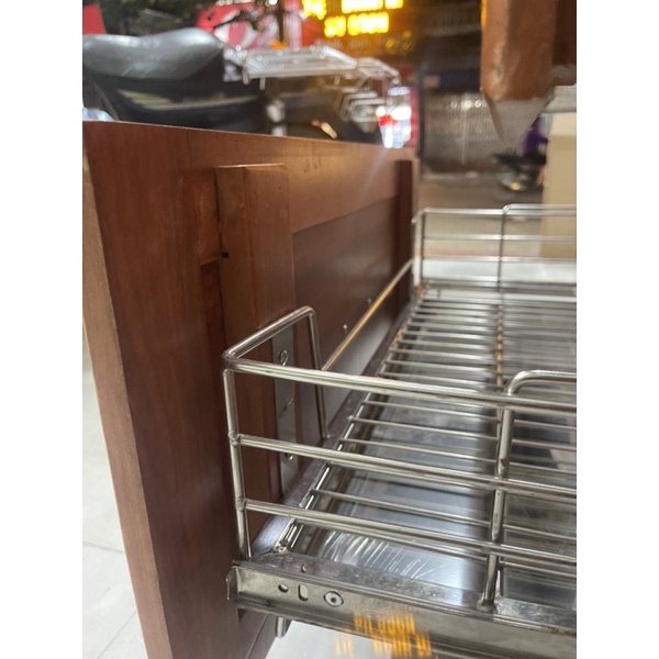 Giá để xoong nồi 2 tầng và khay nước,day trượt bằng inox 304 cao cấp trọn bộ lắp tủ bếp