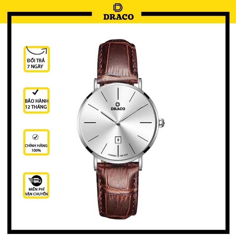 Đồng hồ nữ Draco D22-STN02 &quot;Classic Girl&quot; trắng kết hợp chất liệu dây da bò màu nâu - phụ kiện thời trang nữ nhẹ nhàng