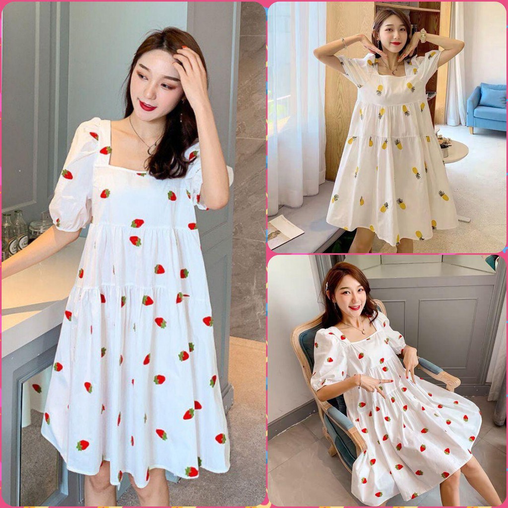 Đầm form rộng babydoll họa tiết trái cây dễ thương , ĐẦM BABYDOLL FRUIT