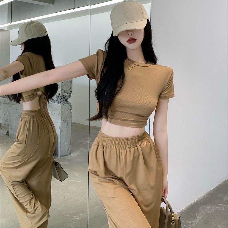 Set áo thun ngắn tay buộc dây khoét rỗng + quần dài ống rộng lưng co giãn phong cách Hàn Quốc thời trang hè cho nữ