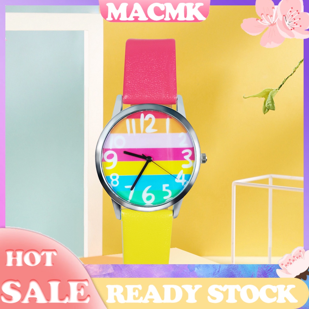 MACmk Women Rainbow Stripe Dial Accurate Quartz Movement Alloy Number Quartz Wristwatch for Office