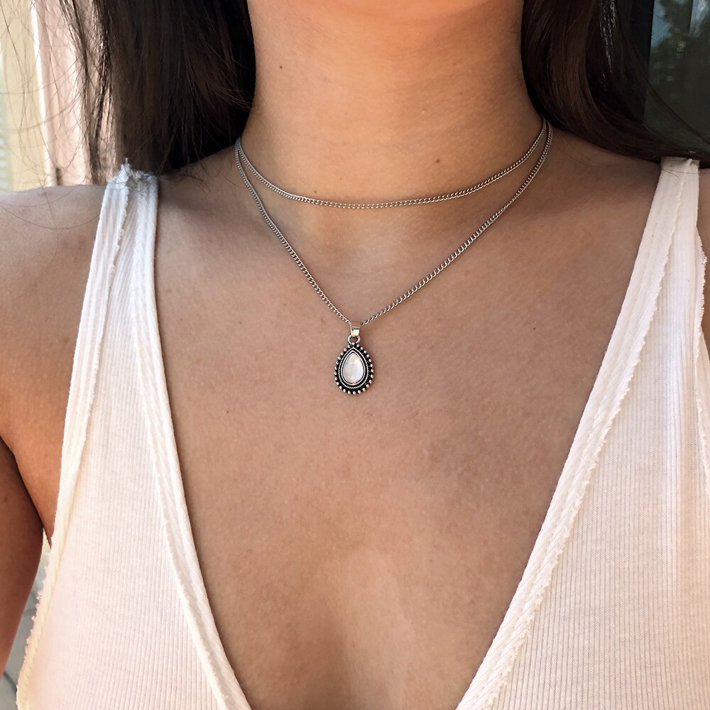 Dây Chuyền Hai Lớp Mặt Hình Giọt Nước Phong Cách Bohemian