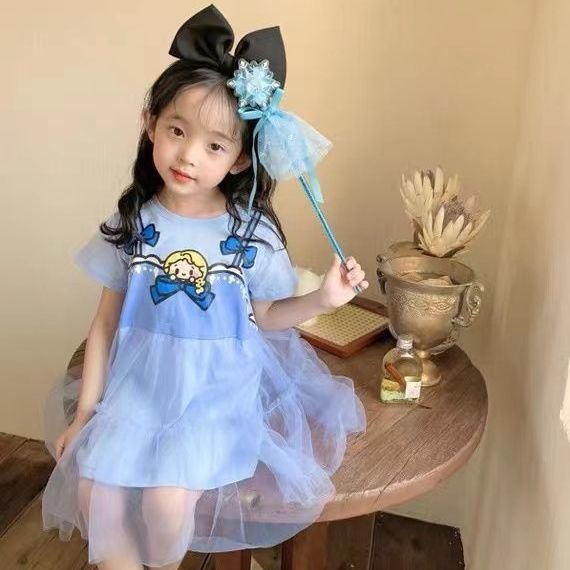 Đầm Công Chúa Phối Lưới Họa Tiết Hoạt Hình Phong Cách Hàn Quốc Xinh Xắn