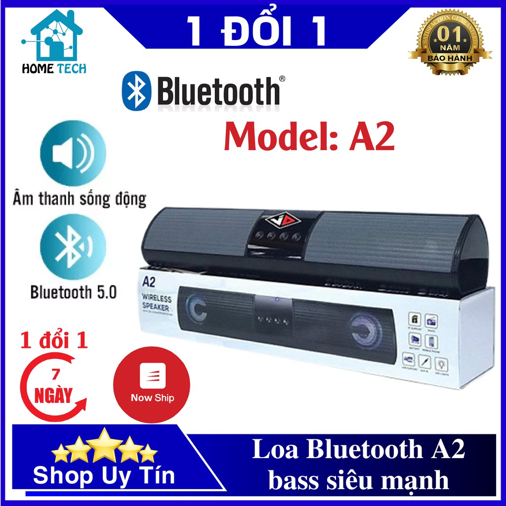 Loa Bluetooth A2 Để Bàn Wireless Speaker Soundbar Dáng Dài Có Đèn Led, Âm Thanh Hay, Bass Khỏe, Có Chân Cắm Jack 3.5mm