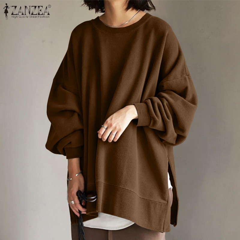 ZANZEA Áo sweatshirt cổ tròn tay dài và phồng xẻ tà thời trang cho nữ