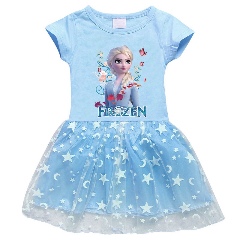 Đầm Công Chúa Tay Ngắn Bằng Cotton In Hoạt Hình Frozen 3D Dành Cho Bé Gái